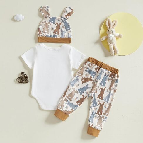 Ledy Champswiin Easter Baby Outfit Infant Boy Girl Short Sleeve Romper Newborn Bunny Pant My 1st Easter Clothes Set with Hat in Saudi Arabia