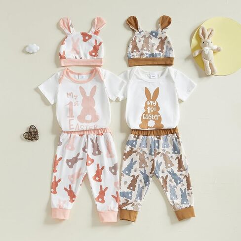 Ledy Champswiin Easter Baby Outfit Infant Boy Girl Short Sleeve Romper Newborn Bunny Pant My 1st Easter Clothes Set with Hat in Saudi Arabia