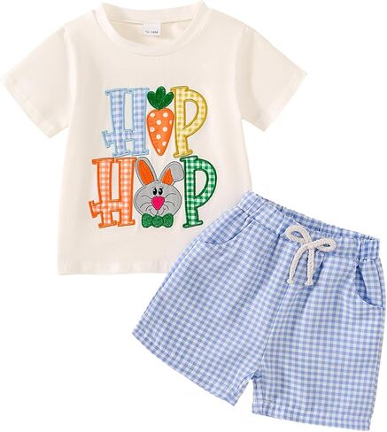 Toddler Baby Boy Easter Outfit Embroidered Bunny/Carrot T-shirt Top+Striped Pants 2PC Clothes in Kuwait