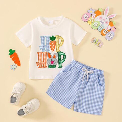 Toddler Baby Boy Easter Outfit Embroidered Bunny/Carrot T-shirt Top+Striped Pants 2PC Clothes in Kuwait