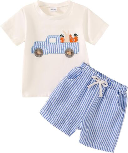 Toddler Baby Boy Easter Outfit Embroidered Bunny/Carrot T-shirt Top+Striped Pants 2PC Clothes in Saudi Arabia