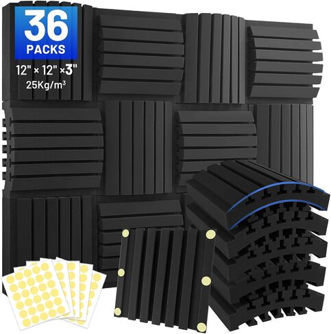 24 Pack Curved Acoustic Foam Panels 3" x 12" x 12" Sound Proof Foam Panels Soundproofing Noise Cancelling Wedge Panels for Home Office Recoding Studio with 330 PCS Double-Side Adhesive in Kuwait