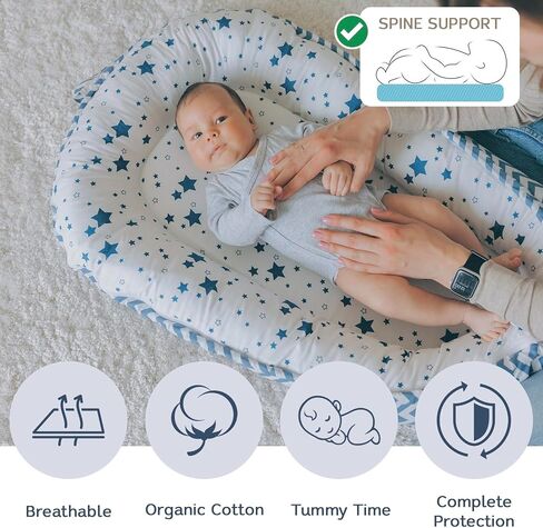 Baby Nest, Baby Lounger, Organic Cotton Lounger for Baby, Reversible Breathable Adjustable Portable - Star Collection (Gray) in Saudi Arabia
