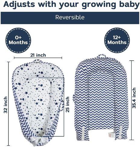 Baby Nest, Baby Lounger, Organic Cotton Lounger for Baby, Reversible Breathable Adjustable Portable - Star Collection (Gray) in Saudi Arabia