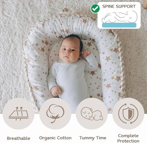 Baby Nest, Baby Lounger, Organic Cotton Lounger for Baby, Reversible Breathable Adjustable Portable - Star Collection (Gray) in Saudi Arabia