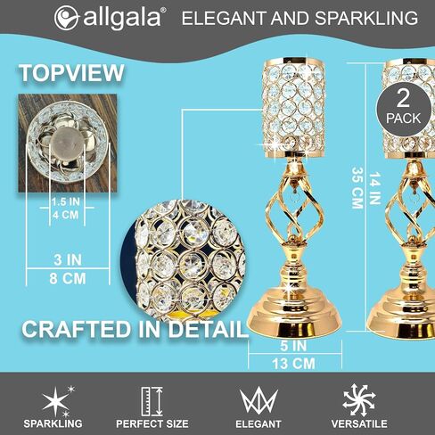 Allgala 14" Crystal Cylinder Tealight Votive Decorative Candle Holder (Gold 2PK) in Saudi Arabia