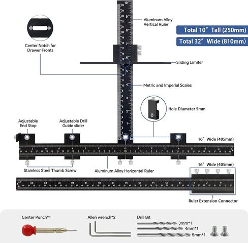 PRO Cabinet Hardware Jig, 32-inch Detachable Cabinet Handle Jig with Auto Center Punch, Aluminum Alloy Cabinet Handle Template Drill Guide, Cabinet Pull Jig for Handle Knob Pull, Drawer/Door in Saudi Arabia