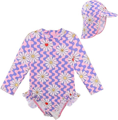 Baby/Toddler Girls Swimsuit Long Sleeve One-Piece Bathing Suit with Snaps Rash Guard for Kids UPF 50+ Swimwear and Hat in Saudi Arabia