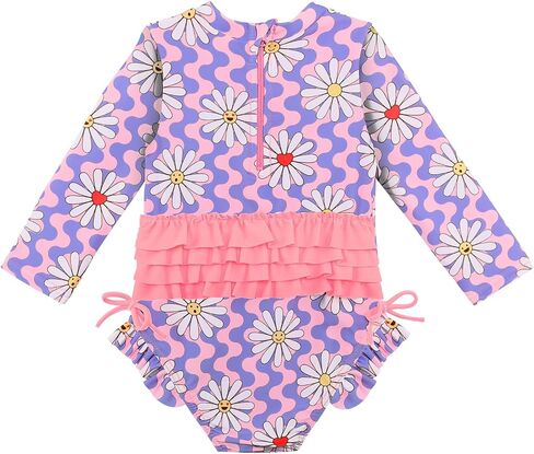 Baby/Toddler Girls Swimsuit Long Sleeve One-Piece Bathing Suit with Snaps Rash Guard for Kids UPF 50+ Swimwear and Hat in Saudi Arabia