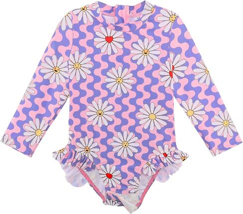 Baby/Toddler Girls Swimsuit Long Sleeve One-Piece Bathing Suit with Snaps Rash Guard for Kids UPF 50+ Swimwear and Hat in Saudi Arabia
