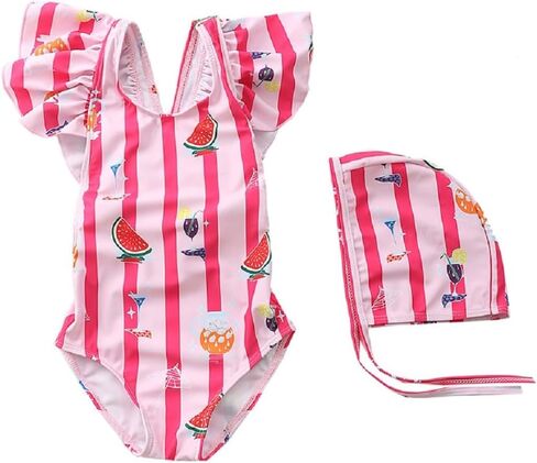 FreeLu Toddler Baby Girl Cross-Back Swimsuit One Piece Flounce Swimwear Summer Bathing Suit with Hat 18M - 6T in Saudi Arabia
