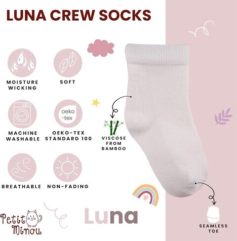 Luna Seamless-Toe Viscose from Bamboo Crew Socks - Soft Eco-Friendly 6-Pack Baby & Toddler Socks in Saudi Arabia