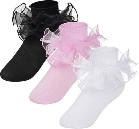 choyaxo 3 Pairs Girls Ruffle Socks Big Double Lace Frilly Socks for Toddler Girls Dress in Saudi Arabia