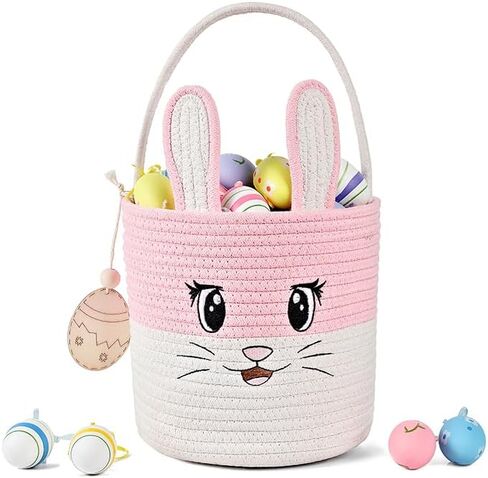 Easter Basket Cute Bunny Baskets Personalized Rabbit Bucket with Folding Handle for Egg Hunting, Embroidered Easter Bag Woven Cotton Rope Tote for Boys Girls Newborn, for Candy Gifts Toy Storage, Pink in Saudi Arabia