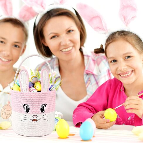 Easter Basket Cute Bunny Baskets Personalized Rabbit Bucket with Folding Handle for Egg Hunting, Embroidered Easter Bag Woven Cotton Rope Tote for Boys Girls Newborn, for Candy Gifts Toy Storage, Pink in Saudi Arabia