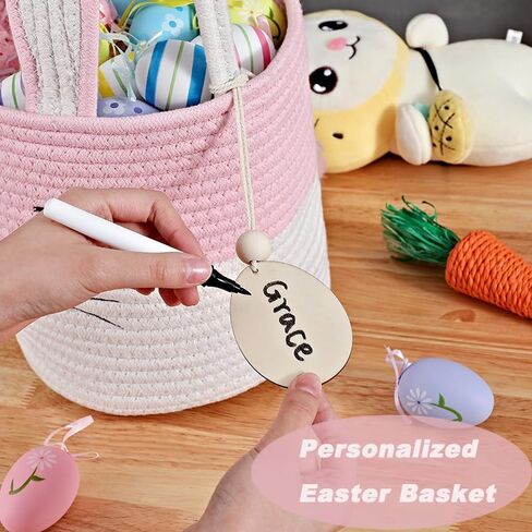 Easter Basket Cute Bunny Baskets Personalized Rabbit Bucket with Folding Handle for Egg Hunting, Embroidered Easter Bag Woven Cotton Rope Tote for Boys Girls Newborn, for Candy Gifts Toy Storage, Pink in Saudi Arabia