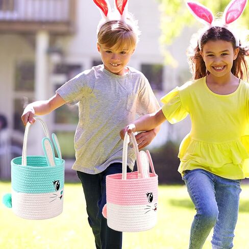 Easter Basket Cute Bunny Baskets Personalized Rabbit Bucket with Folding Handle for Egg Hunting, Embroidered Easter Bag Woven Cotton Rope Tote for Boys Girls Newborn, for Candy Gifts Toy Storage, Pink in Saudi Arabia