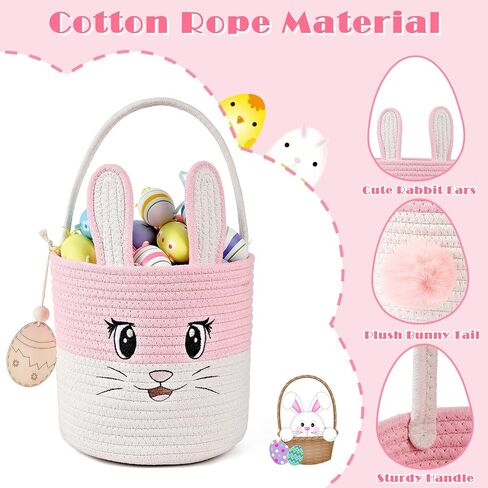 Easter Basket Cute Bunny Baskets Personalized Rabbit Bucket with Folding Handle for Egg Hunting, Embroidered Easter Bag Woven Cotton Rope Tote for Boys Girls Newborn, for Candy Gifts Toy Storage, Pink in Saudi Arabia