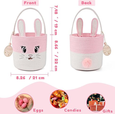 Easter Basket Cute Bunny Baskets Personalized Rabbit Bucket with Folding Handle for Egg Hunting, Embroidered Easter Bag Woven Cotton Rope Tote for Boys Girls Newborn, for Candy Gifts Toy Storage, Pink in Saudi Arabia