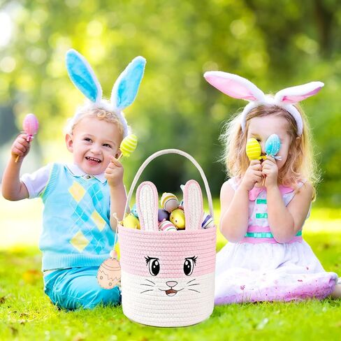 Easter Basket Cute Bunny Baskets Personalized Rabbit Bucket with Folding Handle for Egg Hunting, Embroidered Easter Bag Woven Cotton Rope Tote for Boys Girls Newborn, for Candy Gifts Toy Storage, Pink in Saudi Arabia