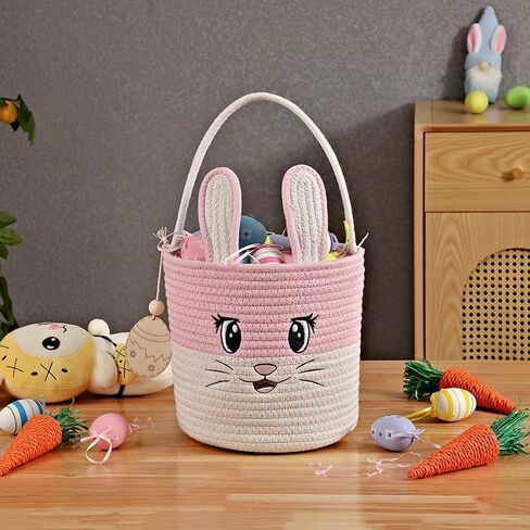 Easter Basket Cute Bunny Baskets Personalized Rabbit Bucket with Folding Handle for Egg Hunting, Embroidered Easter Bag Woven Cotton Rope Tote for Boys Girls Newborn, for Candy Gifts Toy Storage, Pink in Saudi Arabia