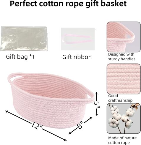 Baby Gifts Basket Empty with Gifts Bag and Ribbon12"x8"x5" Gift Baskets to Fill Easter Baskets Birthday Baskets Small Woven Cotton Rope Basket Baby Toy Baske(pink, regular) in Saudi Arabia