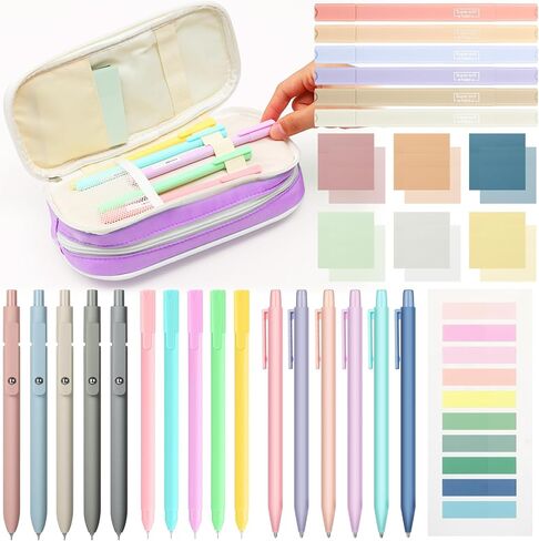 Lincia 30 Pcs Aesthetic School Supplies 6 Cute Mechanical Pencil 5 Colored Ballpoint Pen 5 Quick Dry Pen 6 Pastel Highlighter 6 Transparent Sticky Note Sticky Index Tab Pencil Case for Office(Blue) in Saudi Arabia