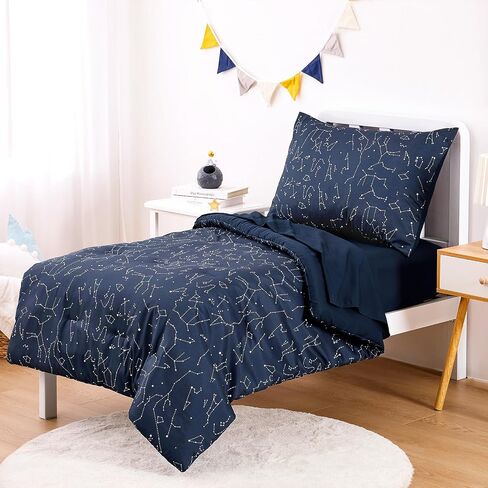 Wake In Cloud - Toddler Bedding Set for Boys Girls, Space Stars Constellation Galaxy, 4 Pieces Soft Crib Bed Set Including Comforter, Sheets and Pillowcase, Navy Blue in Saudi Arabia