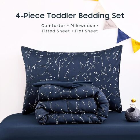 Wake In Cloud - Toddler Bedding Set for Boys Girls, Space Stars Constellation Galaxy, 4 Pieces Soft Crib Bed Set Including Comforter, Sheets and Pillowcase, Navy Blue in Saudi Arabia