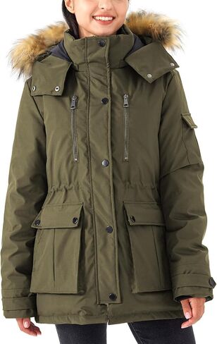 Women's Mid Length Down Jacket Thickened Puffer Two-Way Zipper Coat with Faux Fur Removable Hood Dark Blue S in Saudi Arabia