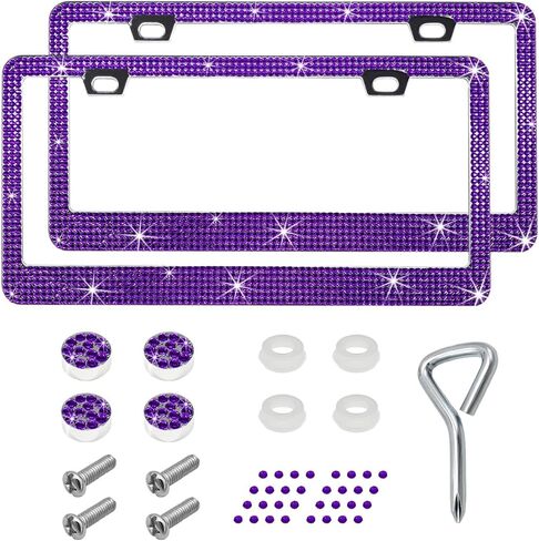 Bling License Plate Frame, Sparkly Rhinestone Diamond License Plate Cover with Crystal Screws Caps, Glitter Crystal Stainless Steel License Plate Holder for Women, Car Accessories (Purple) in Saudi Arabia