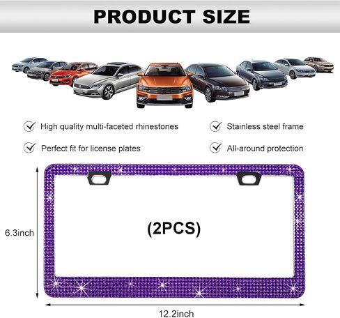 Bling License Plate Frame, Sparkly Rhinestone Diamond License Plate Cover with Crystal Screws Caps, Glitter Crystal Stainless Steel License Plate Holder for Women, Car Accessories (Purple) in Saudi Arabia
