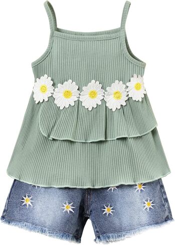 oklady Toddler Girl Clothes Ruffle Daisy Sleeveless Tank Tops and Denim Shorts Girls Summer Outfits in Saudi Arabia