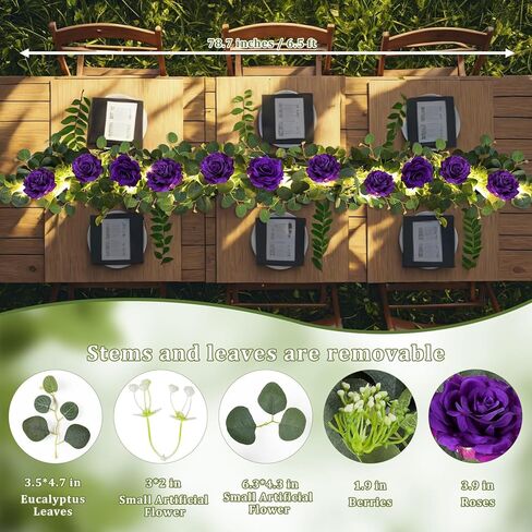 MACTING 6.6FT إكليل الأوكالبتوس مع أضواء الربيع الطفل زهرة إكليل مع 12 الورود البيضاء الاصطناعي الزهور الخضراء كرمة لطاولة قوس خلفية الزفاف عيد الحب الزينة in Kuwait