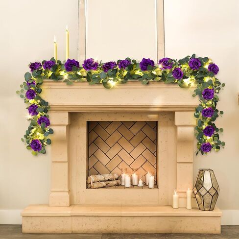 MACTING 6.6FT إكليل الأوكالبتوس مع أضواء الربيع الطفل زهرة إكليل مع 12 الورود البيضاء الاصطناعي الزهور الخضراء كرمة لطاولة قوس خلفية الزفاف عيد الحب الزينة in Kuwait