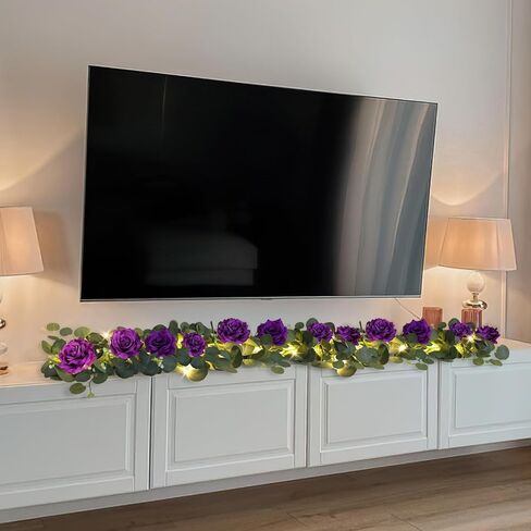 MACTING 6.6FT إكليل الأوكالبتوس مع أضواء الربيع الطفل زهرة إكليل مع 12 الورود البيضاء الاصطناعي الزهور الخضراء كرمة لطاولة قوس خلفية الزفاف عيد الحب الزينة in Kuwait