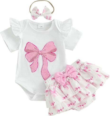 Newborn Baby Girl Summer Clothes Bow Embroidery Short Sleeve Romper Bodysuit Ruffle Shorts Headband 3Pcs Set Cute Outfits in Kuwait