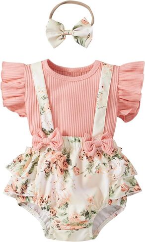 Fanvereka Newborn Infant Baby Girl Summer Outfits Romper Dress Flower Toddler Girls Tops Suspender Shorts + Headband Set in Kuwait