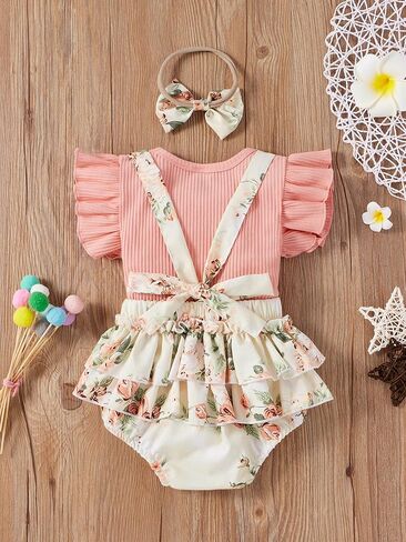 Fanvereka Newborn Infant Baby Girl Summer Outfits Romper Dress Flower Toddler Girls Tops Suspender Shorts + Headband Set in Kuwait