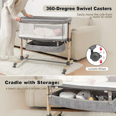 Baby Bassinet, Easy Folding Beside Sleeper for Baby, 6 Height Adjustable Baby Bed, 3 in 1 Portable Bedside Bassinet with Storage Basket and Wheels to Baby Crib for Infant/Newborn (Deep Grey) in Saudi Arabia