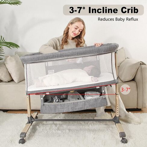 Baby Bassinet, Easy Folding Beside Sleeper for Baby, 6 Height Adjustable Baby Bed, 3 in 1 Portable Bedside Bassinet with Storage Basket and Wheels to Baby Crib for Infant/Newborn (Deep Grey) in Saudi Arabia