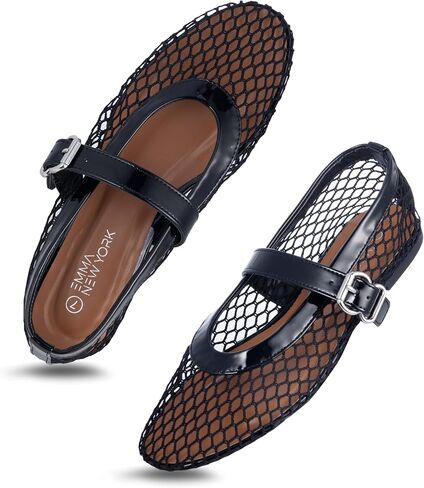 Women’s Mesh Ballet Flats – Fishnet Mary Jane Flats with Adjustable Buckle Strap, Breathable & Stylish Ballerina Shoes in Kuwait