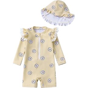 Toddler Girl Swimsuit Baby Girl Bathing Suit Long Sleeve Floral Zipper One-Piece Rash Guard Swimsuit with Hat