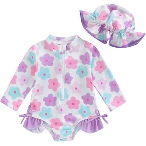 Toddler Baby Girl Swimsuit Long Sleeve One-Piece Zipper Swimsuit Bathing Suit Rash Guard with Sun Hat