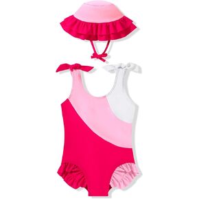 Toddler Girls Swimsuit Ruffle Color Block Bathing Suit Baby Girl Summer Beach Bikini Bowknot One-Piece Swimwear with Sun Hat
