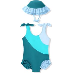 Toddler Girls Swimsuit Ruffle Color Block Bathing Suit Baby Girl Summer Beach Bikini Bowknot One-Piece Swimwear with Sun Hat