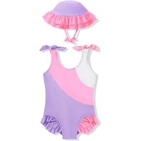 Toddler Girls Swimsuit Ruffle Color Block Bathing Suit Baby Girl Summer Beach Bikini Bowknot One-Piece Swimwear with Sun Hat in Kuwait