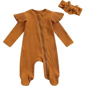 Baby Girl Newborn Outfit 0 3 6 Months Pure Color One Piece Bodysuit Ribbed Long Sleeve Full Zip Up Footie Headband