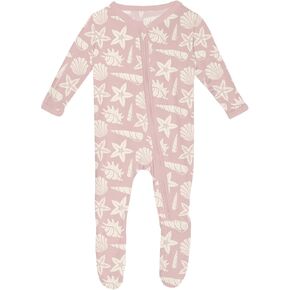 KicKee Print Footie with Zipper, Fitted Long Sleeve Pajamas, Ultra Soft Everyday One-Piece Loungewear, Baby and Kid Clothes for Boys and Girls (Baby Rose Shells & Starfish - 9-12 Months)