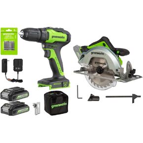 Greenworks 24V Brushless Power Tools Combo Kit, (2-Tool: Variable Speed Drill/Driver, 7-1/4-inch Circular Saw with 2× 2Ah Batteries and Charger)